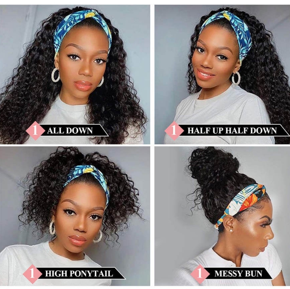 New 28" Natural Black Kinky Curly Headband Glueless Wear & Go Synthetic Wig - Picture 3 of 15